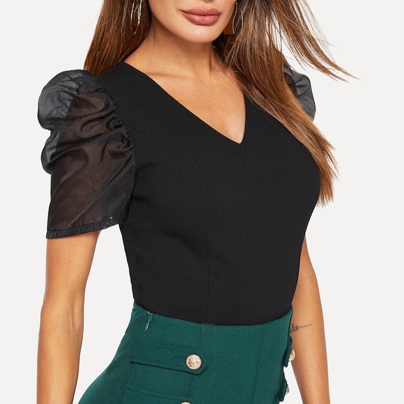 Sheer Mesh Puff Sleeve Bodycon Top - Picture 4 of 5